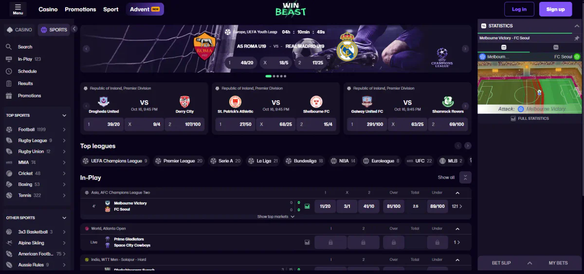 Win Beast Casino sportsbook interface with live matches, sports markets, odds and betting options